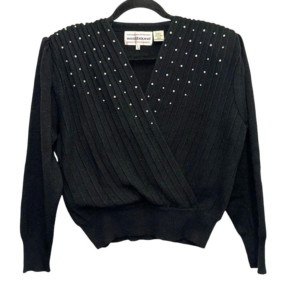 Vintage Westbound Sweater Medium Petite Black Pearl Ribbed Faux Wrap Sweater